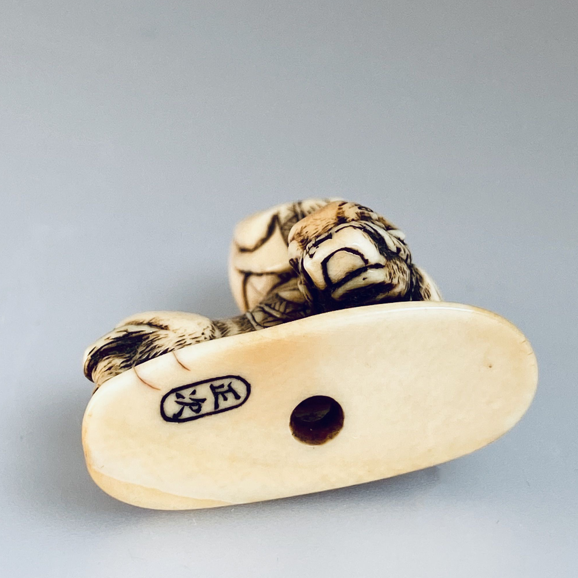 Japon, netsuke en ivoire  R-shi sur son buf, Masatsugu, 19e