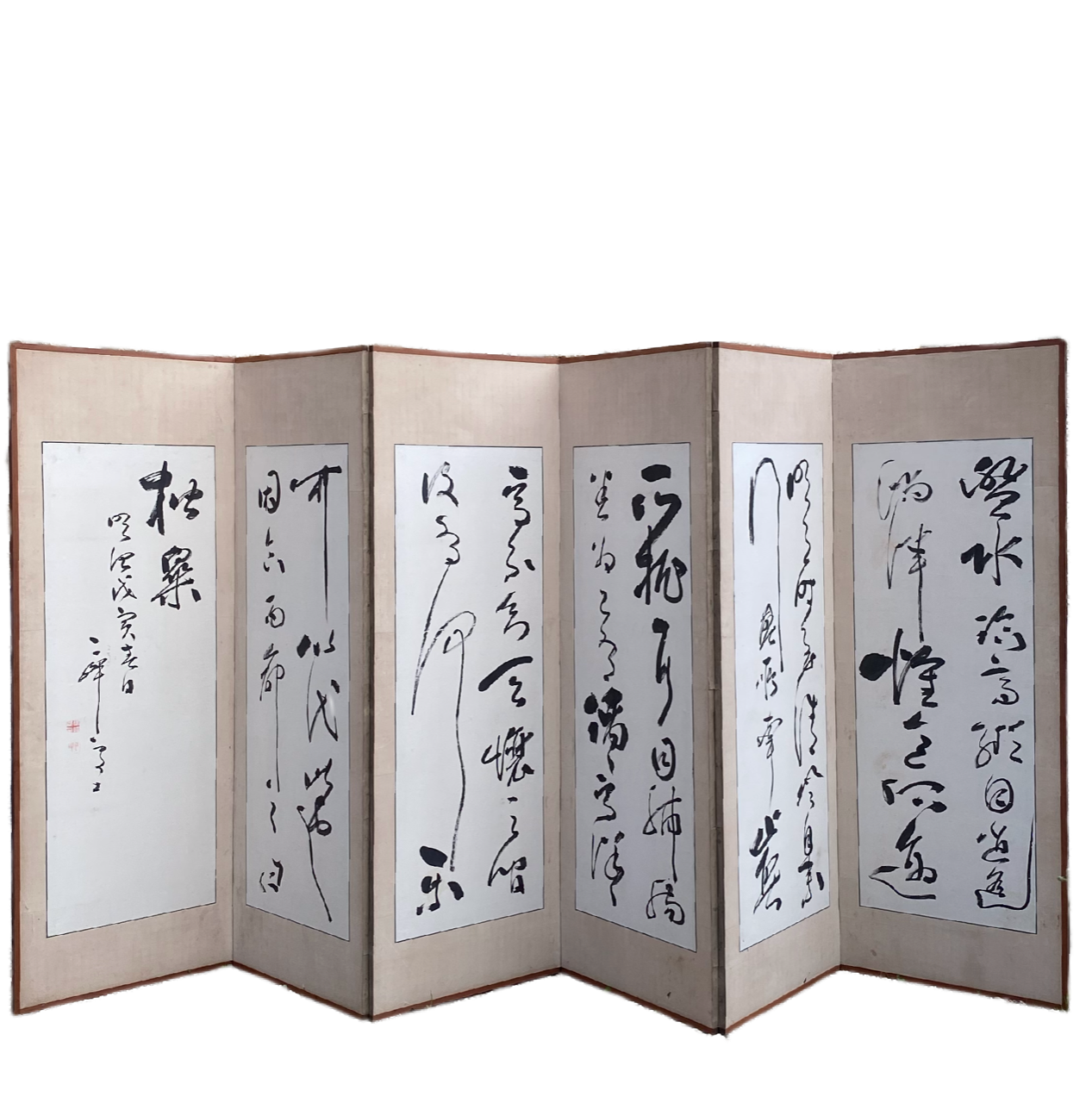 Paire de paravents à 6 feuilles ornés d'une suite de calligraphies  par Takabayashi Nobuyoshi  高林信好 (1819-1897), Japon, 1878,  19ème siècle.