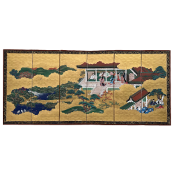 Japon, Paravent à 6 feuilles, scènes du Dit du Genji- période Edo vers 1800.