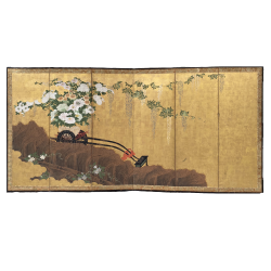 Japon, paravent avec un chariot portant un panier de fleurs, période Edo, XVIIIe siècle.