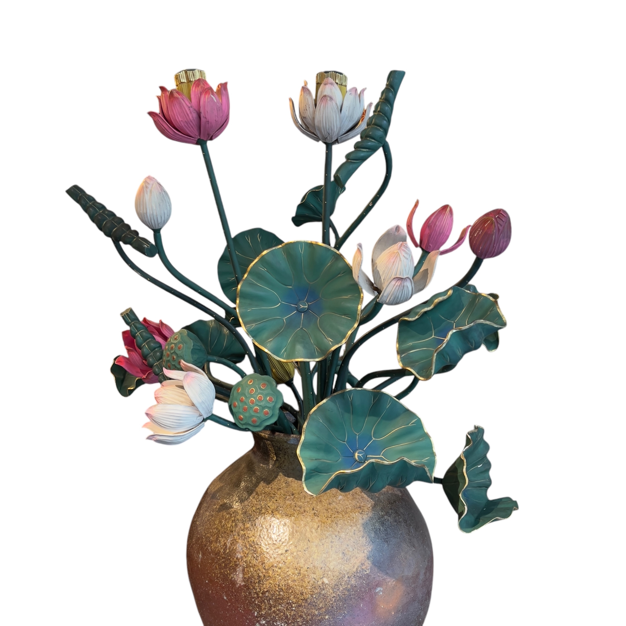 Ensemble de 26 fleurs et feuilles de lotus en bois polychrome, Japon, poque Meiji (1868-1912)