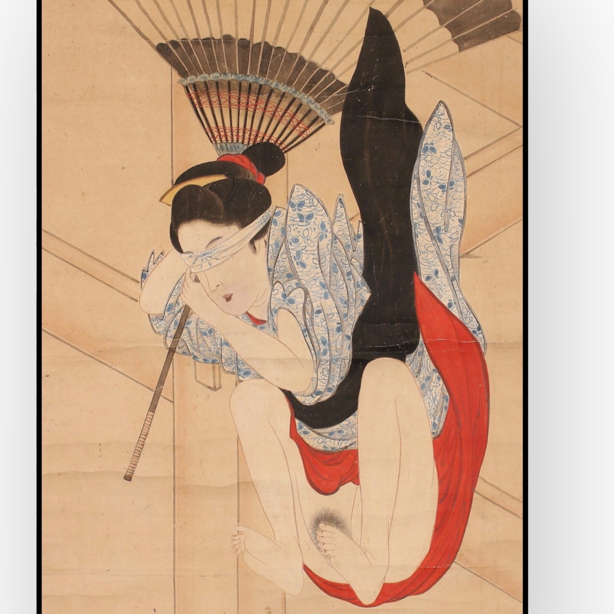 Peinture japonaise en rouleau  Femme sautant du balcon de Kiyomizu, poque Edo