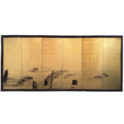 Vendu Japon, Carpes, paravent à six feuilles par Mori Ippo 1798-1871.